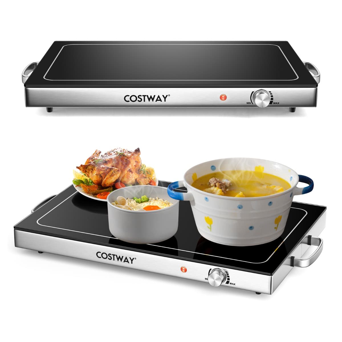 CostwayChauffe-plats Électrique avec Contrôle de la Température Plateau en Verre Thermique 56 x 36 cm Garde Aliments Chauds Poignées Tactiles Froides