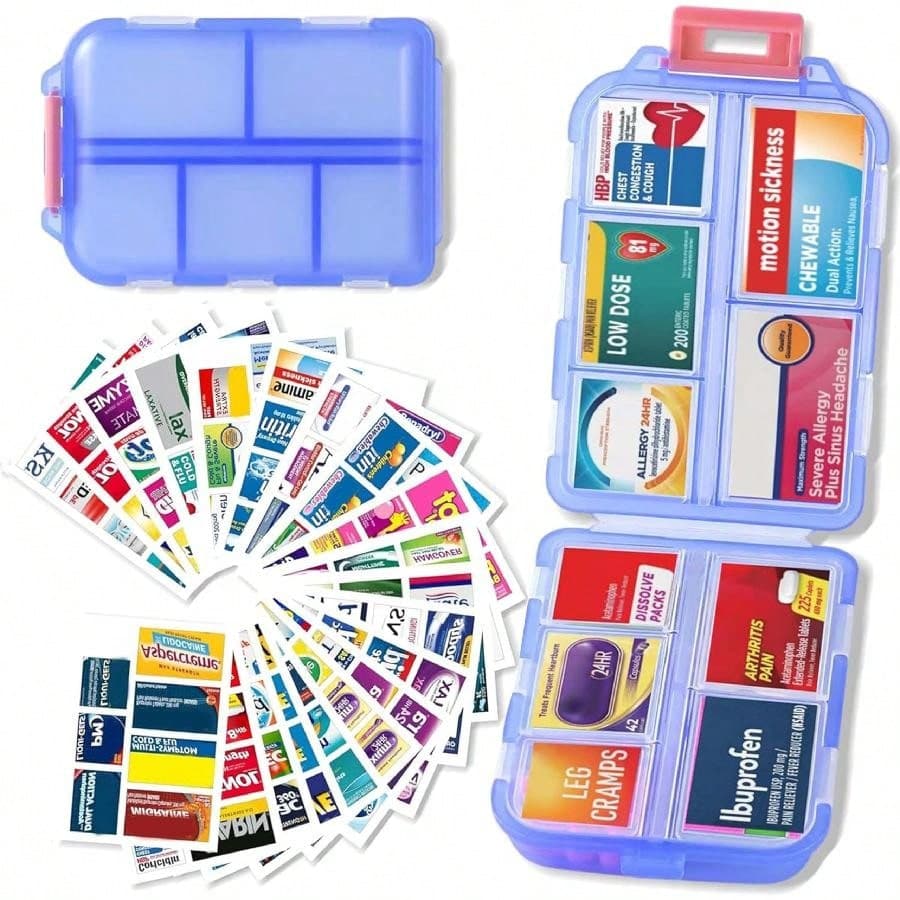 Organisateur de pilules DIY avec 175 pièces Labels de médicaments pré-découpés améliorés, boîte de pilules pliable pour les voyages