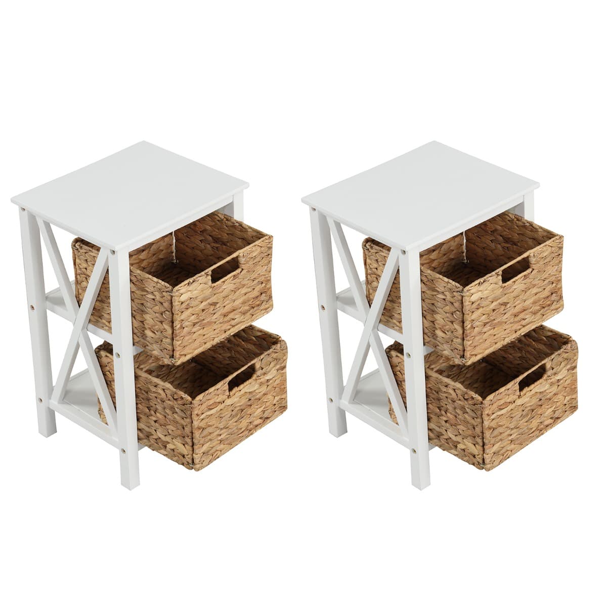 Ensemble de 2 Tables de Chevet 3 Niveaux Table d'Appoint Au Design X avec 2 Paniers en Herbe Marine